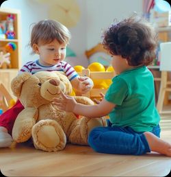 two kids play with a bear